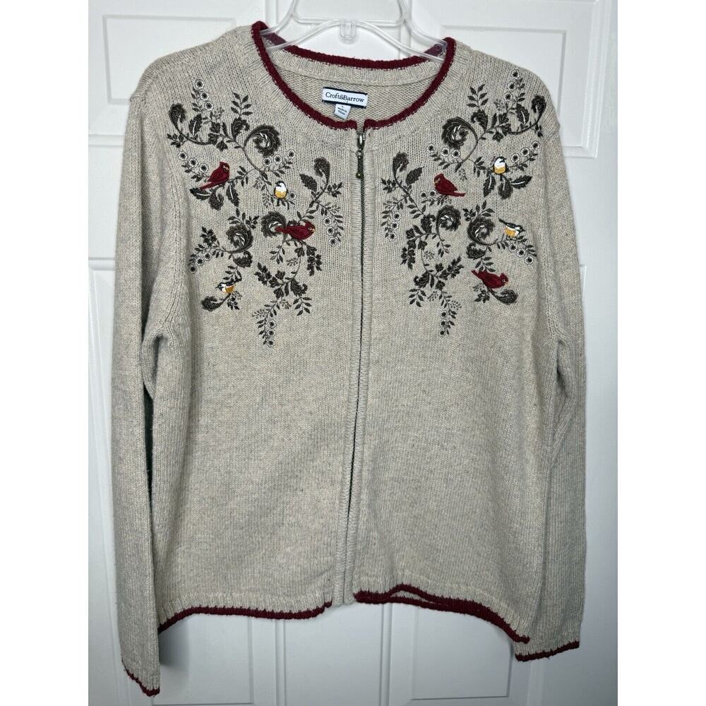 Croft & Barrow Cardigan Sweater Women’s Large Cardinal Tan Zip Embroidered Birds